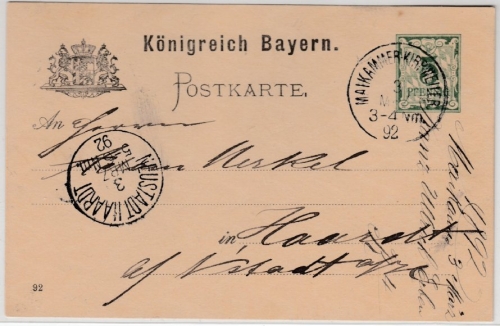 Bayern - Maikammer-Kirrweiler 1892, K1 a. 5 Pfg. GA-Karte n. Haardt