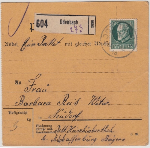 Bayern - 60 Pfg. Ludwig, Paketkarte Odenbach - Neudorf 1918