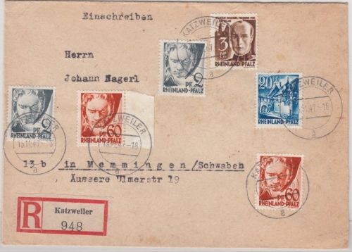 FZ-Rheinl.Pfalz - 2x60 Pfg. u.a., Einschreibebrief Katzweiler - Memmingen 1947