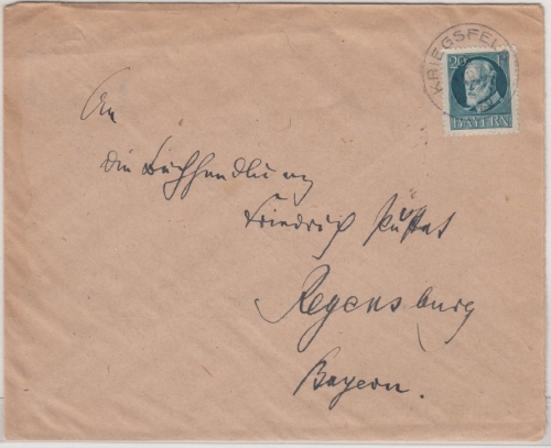 Bayern - Kriegfeld 1920, K1 a. Brief (Wendekuvert) n. Regensburg