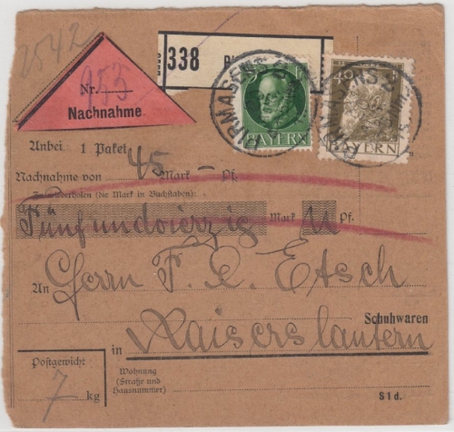 Bayern - 40+5 Pfg. Luitpold/Ludwig, Nachnahme-Paketkarte Pirmasens 2 - 1915