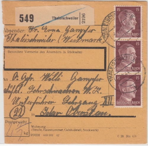 DR - 3x15 Pfg. AH, Paketkarte Thaleischweiler - Idaroberstein 1944