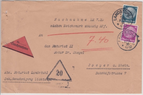 DR - 40+4 Pfg. Hindenburg, Nachnahmebrief Landstuhl - Speyer 1935