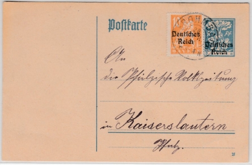 DR-Infla - Oberohmbach 1921, K2 a. 30 Pfg. Ganzsache+Zusatz n. Kaiserslautern