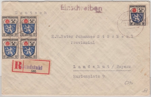 FZ-Allg. - 4x15+24 Pfg. Wappen, Einschreibebrief Landstuhl - Landshut 1946