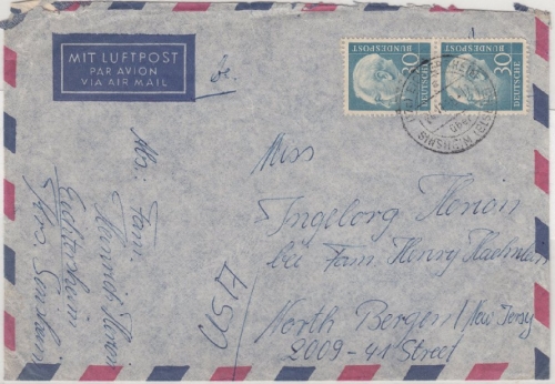 BRD - 2x30 Pfg. Heuss I, Lupobrief n. USA, Eichtersheim ü. Sinsheim 1956 n.