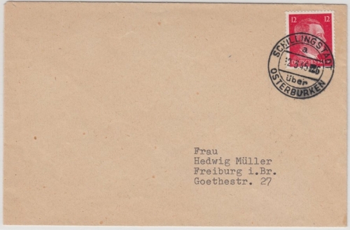 DR - Schillingstadt ü. Osterburken, Poststelle I, Brief n. Freiburg 12.3.45 (!)