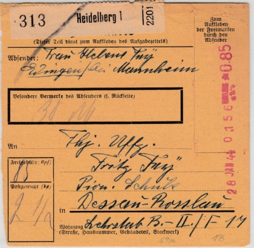 DR - Heidelberg 1944 Paketkarte 85 Pfg. Registrierkassen-Stpl. n. Dessau