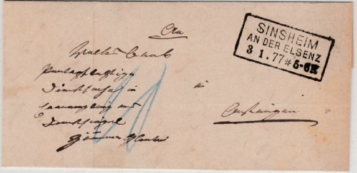 DR - Sinsheim a.d. Elsenz, Ra3 a. Dienstbrief n. Estringen, Nachporto, m. Inhalt