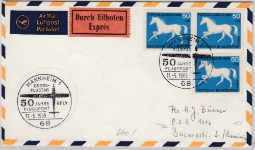 Berlin - 3x50 Pfg. Jugend (Pferde), Lupo-EilBrief n. RUMÄNIEN, SST Mannheim 1969