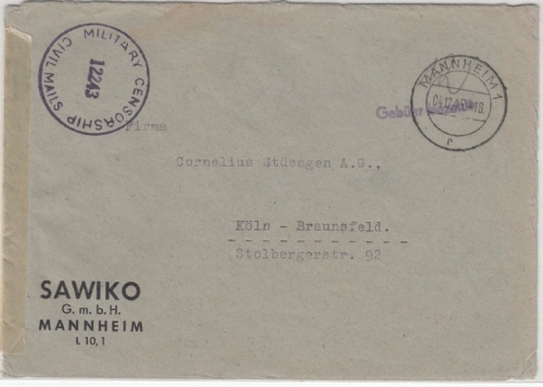 All.Bes. - Gebühr bezahlt, L1 Zensurbrief Mannheim - Köln-Braunsfeld 1945