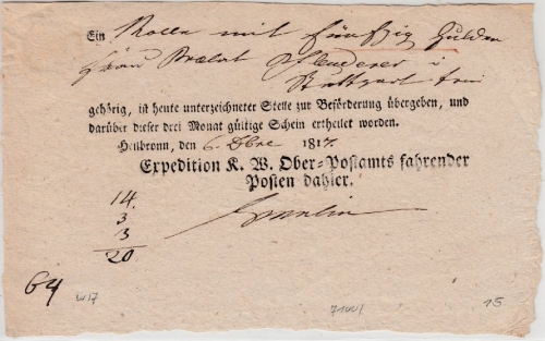 Württemberg - Heilbronn 1817, Fahrpost-Aufgabeschein f. Paket n. Stuttgart