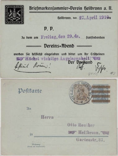 DR - 3 a. 2 Pfg. Germania, GA-Karte m. priv. Zudruck ( BSV Heilbronn) 1910