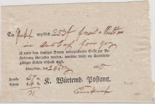 Württemberg - Künzelsau 1830, Aufgabeschein f. Wertpaket n. Ansbach