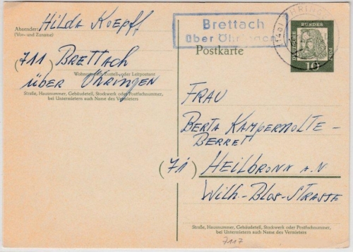 BRD - Brettach ü. Öhringen Landpost Ra2 10 Pfg. Ganzsache n. Heilbronn 1962