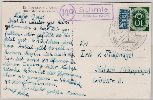 BRD - (14a) Schmie ü. Mühlacker, Landpost Ra2 Karte n. Salach1952