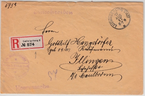 DR - Ludwigsburg 2 Heeressache Einschreibebrief n. Illingen 1917, ohne Inhalt