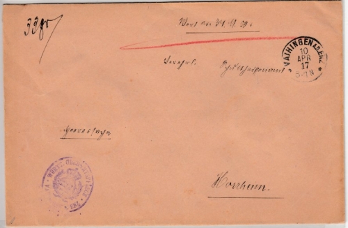 DR - Vaihingen a.d.Enz, Heeressache Wertbrief n. Horrheim 1917, ohne Inhalt