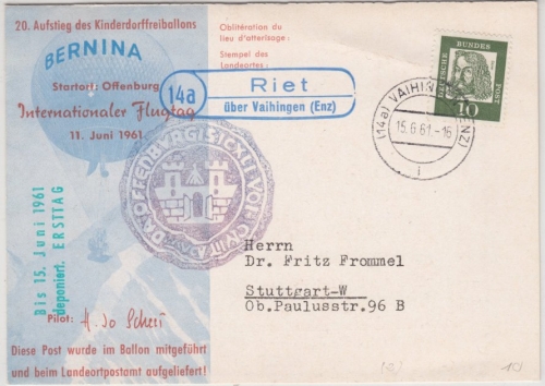 BRD - (14a) Riet ü. Vaihingen (Enz) Landpost Ra2 Ballonpostkarte 1961 n.