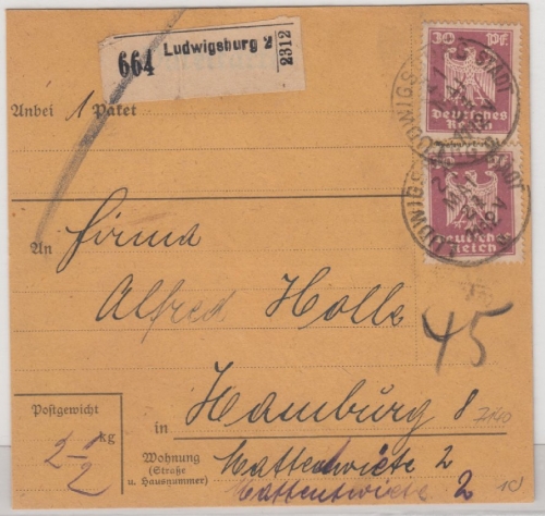DR - 2x30 Pfg. Adler Paketkarte Ludwigsburg 2 - Hamburg 1924