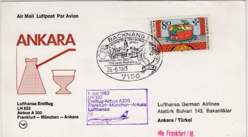 BRD - Backnang 1983, SST 200 J. Ballonflug LH-Erstflug Zuleitungspost FFM TÜRKEI
