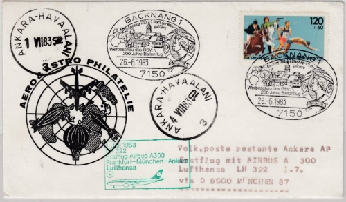 BRD - Backnang 1983, SST 200 J. Ballonflug LH-Erstflug Zuleitung München TÜRKEI