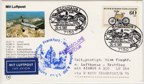 BRD - Backnang 1983, SST 200 J. Ballonflug, Erstflug-Karte/Zuleitung Frankfurt/M