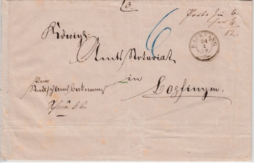 Württemberg - Backnang 1859 Dreikr.stpl. Portobrief n. Bopfingen - ohne Inhalt