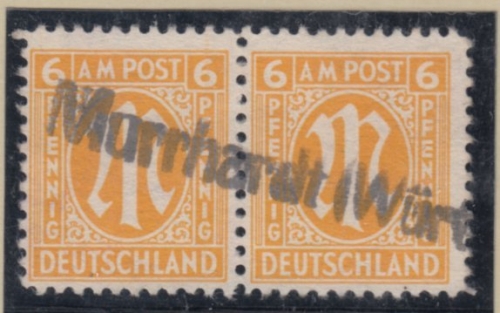 All.Bes./AM-Post - Murrhardt (Württ) Aushilfsstempel Einzeiler a. 6 Pfg. Paar