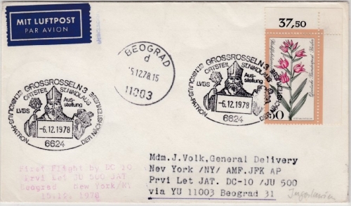 BRD - Grossrosseln 1978 St. Nikolaus SST JAT-Erstflug Belgrad New York Zuleitung