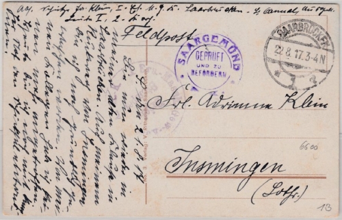 DR - Saargemünd, Geprüft und zu befördern - Zensurstpl. a. Feldpostkarte 1917 v.
