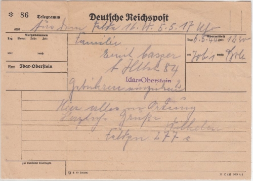 DR - Telegramm "aus dem Felde" (Fp.Nr. 27710) n. Idar-Oberstein 6.5.44