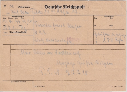 DR - Telegramm "aus dem Felde" (Fp.Nr. 27710) n. Idar-Oberstein 19.2.44