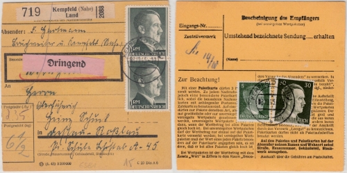 DR - 2x1 RM AH u.a., Dringend Paketkarte Kempfeld (Nahe) Land - Dessau 1943