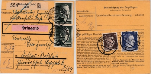 DR - 2x1 RM AH u.a., Dringend-Paketkarte Birkenfeld (Nahe) Land - Dessau 1943