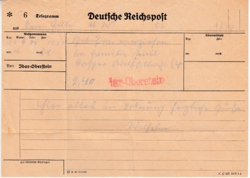 DR - Telegramm "aus dem Felde" (ohne Fp.Nr.) n. Idar-Oberstein 22.5.44
