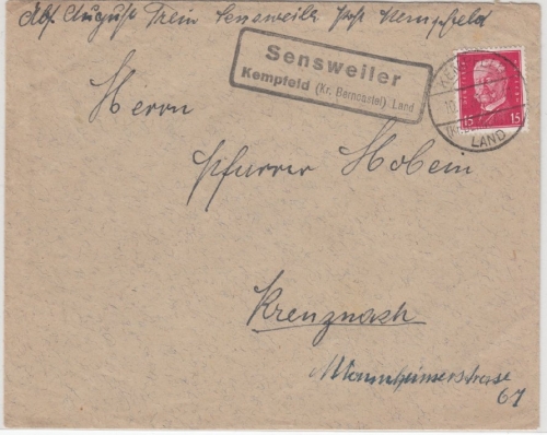 DR - Sensweiler Kempfeld (Kr. Bernkastel) Land Landpost Ra2 Brief 1930 n.