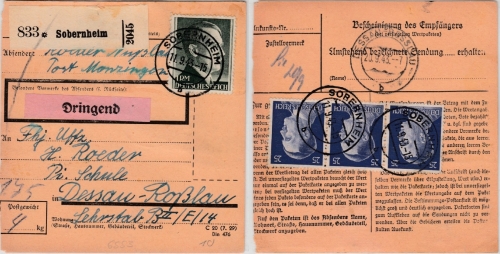 DR - 1 RM + 3x25 Pfg. AH, Dringend-Paketkarte Sobernheim - Dessau 1943