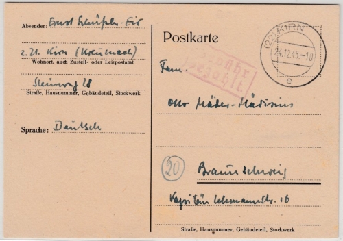 All.Bes. - Gebühr bezahlt, Ra2 Karte (22) Kirn - Braunschweig 24.12.45