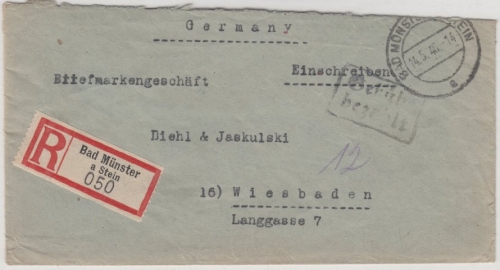 All.Bes. - Gebühr bezahlt, Ra2 Einschreibebrief Bad Münster a. Stein 1946 n.