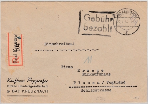 All.Bes. - Gebühr bezahlt, Ra2 a. Einschreibebrief Bad Kreuznach 1947 n.