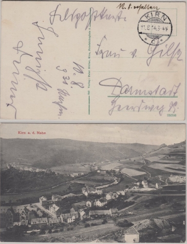 DR - Kirn 11.8.14, frühe Feldpostkarte n. Darmstadt, rs. sw-Ansicht v. Ort