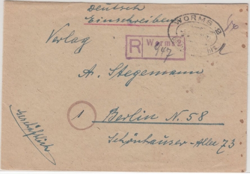 All.Bes. - Gebühr bezahlt, Einschreibebrief (Notkuvert) Worms 2 - Berlin 1948