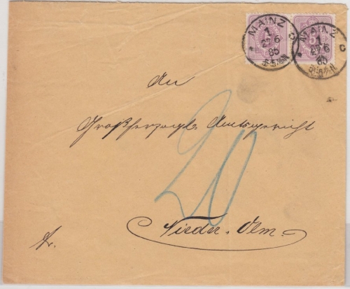 DR - 2x5 Pfg. Brief Mainz - Niederolm 1885, ohne Inhalt - Nachporto !