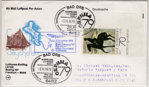 BRD - Bad Orb 1979 SST ORPHILA Lupo-Drucksache LH-1st-Flug n. SEYCHELLEN
