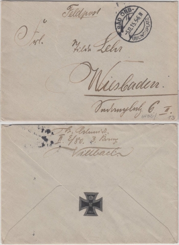 DR - Bad Orb Übungsplatz, Feldpostbrief n. Wiesbaden 1915, rs. Eisernes Kreuz