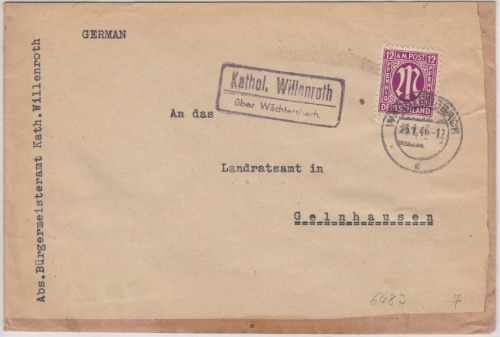 AM-Post - Katholisch Willenroth ü. Wächtersbach Landpost-Ra2 a. Brief 1946 n.