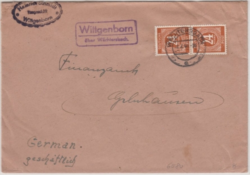 All.Bes./Kontrollrat - Wittgenborn ü. Wächtersbach Landpost-Ra2 Doppelbrief 1946