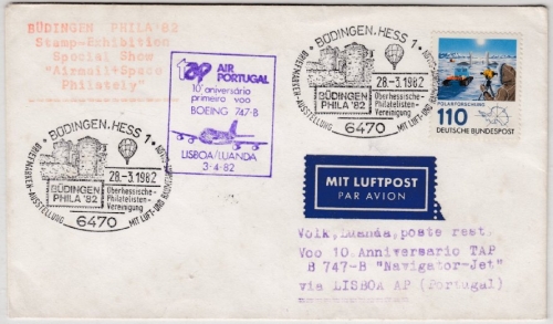 BRD - Büdingen 1982, SST PHILA'82, Lupo-Brief TAP-1st-Flug, Zuleitung n. ANGOLA
