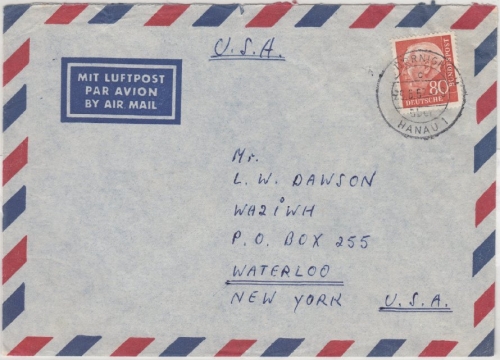 BRD - 80 Pfg. Heuss II Lupo-Brief n. USA Poststelle I Dörnigheim ü. Hanau 1962
